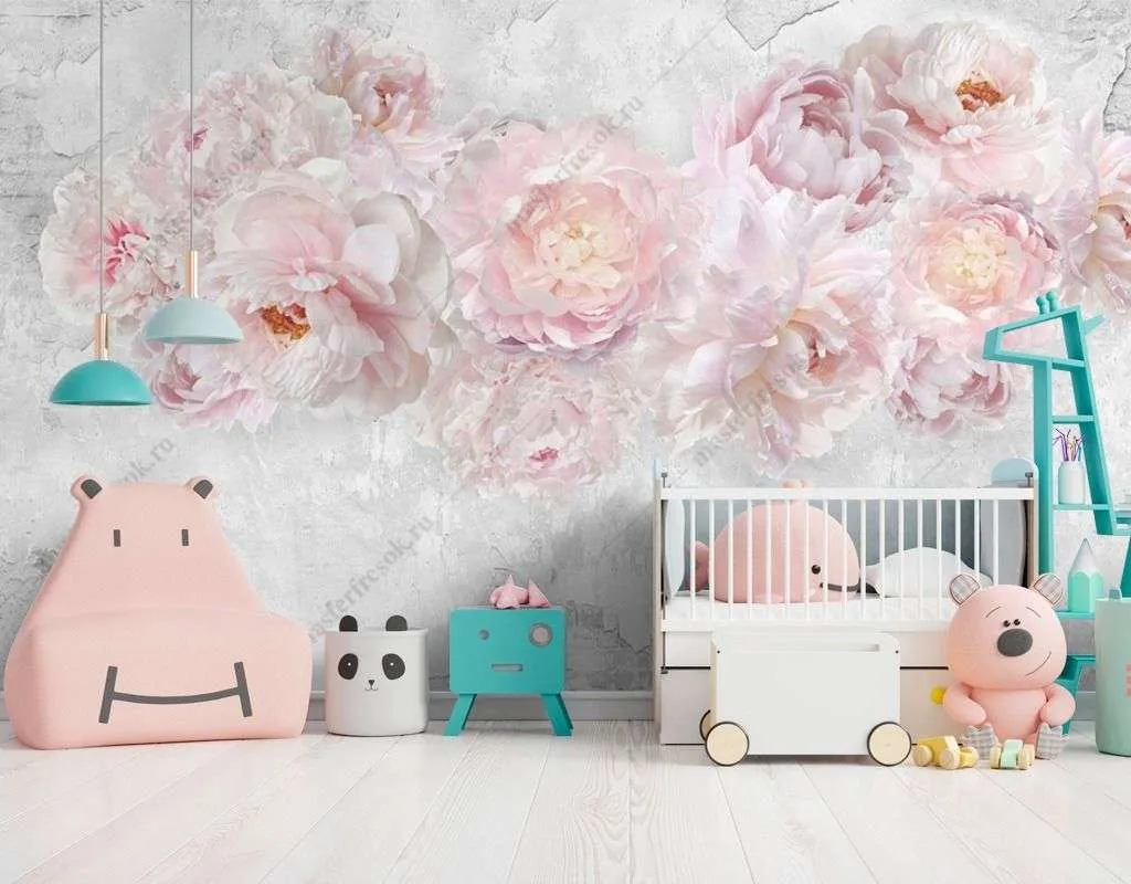 Фотообои в интерьере пионы на мраморном фоне  14-369 фото
