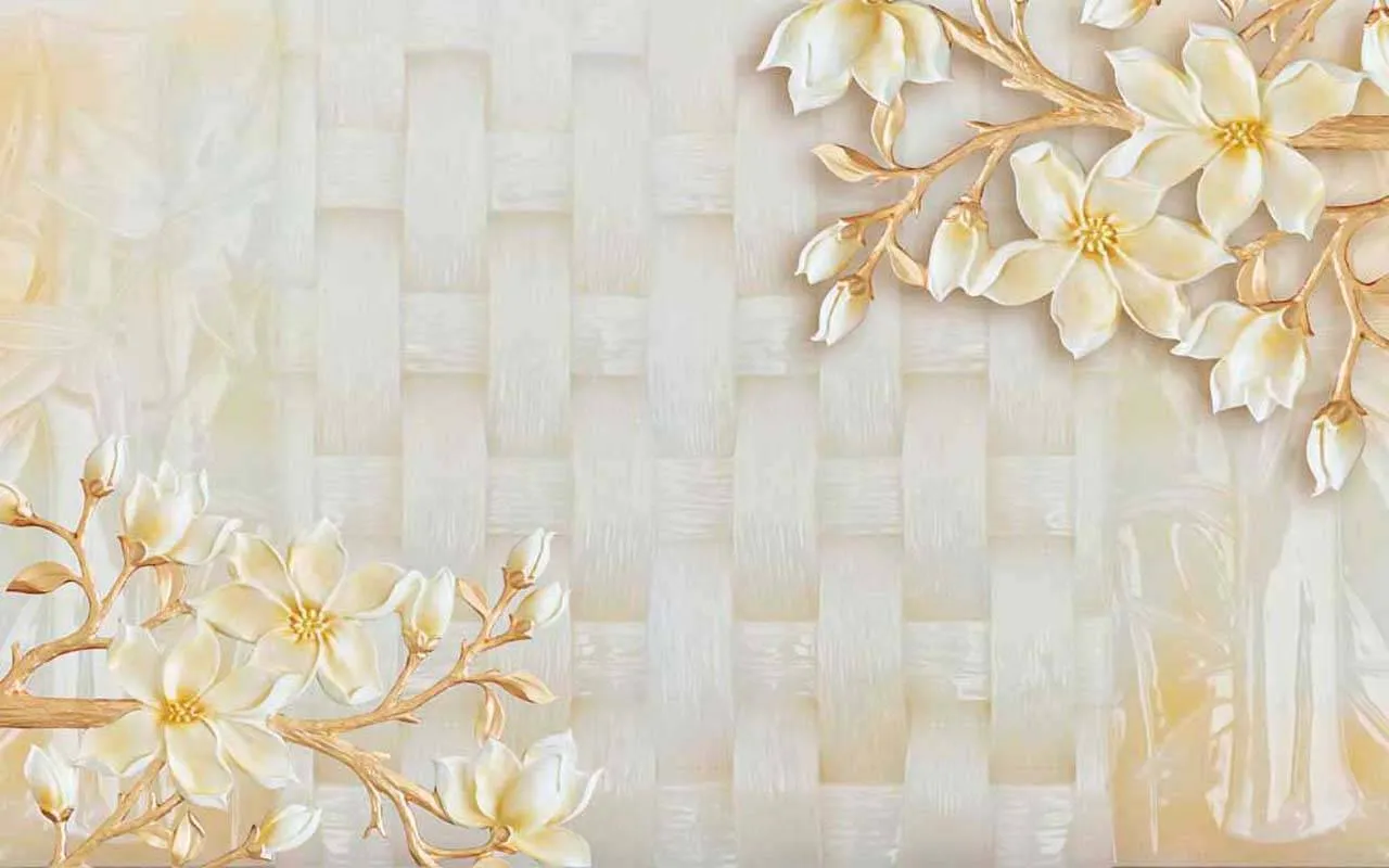 Фотообои в интерьере белые цветы на золотых ветках  10-451 фото