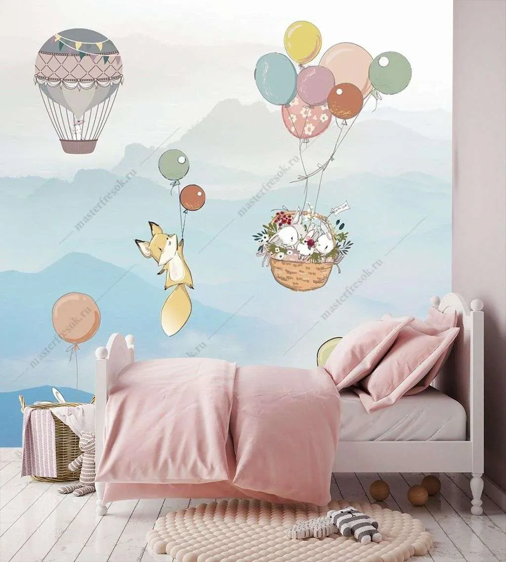 Фотообои в интерьере зверушки на шариках  14-484 фото