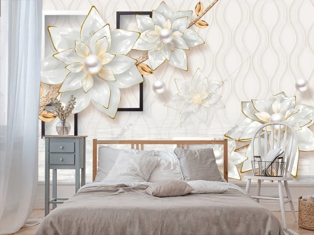 Фотообои в интерьере 3д геометрия с цветами  10-648 фото