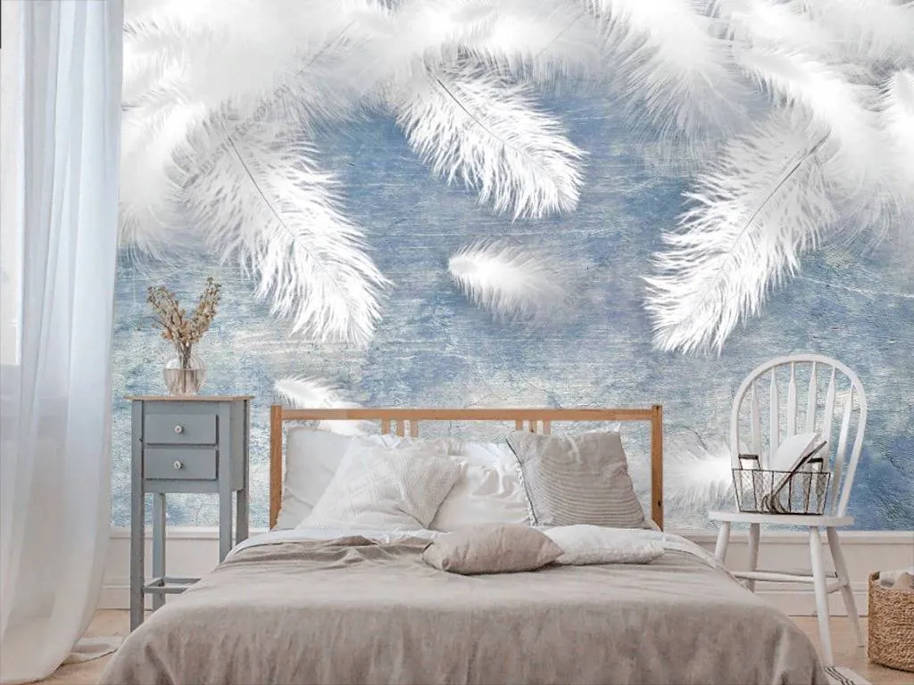 Фотообои в интерьере нежные перья на голубом фоне  10-850 фото