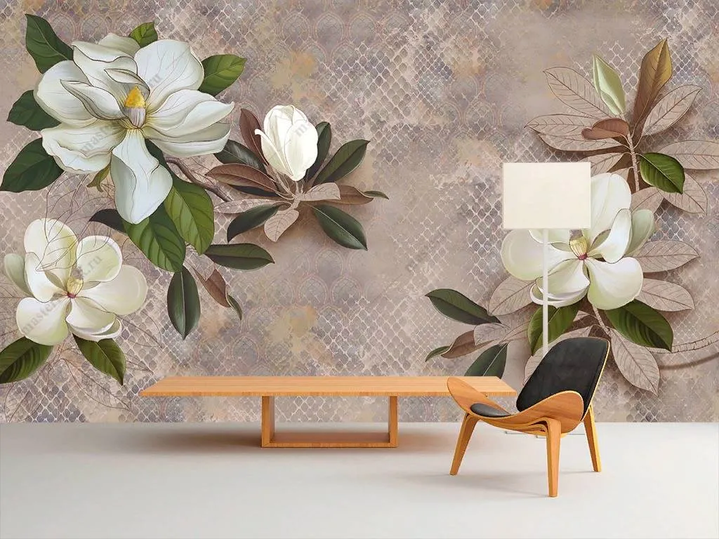 Фотообои в интерьере магнолия на бежевом фоне  10-871 фото