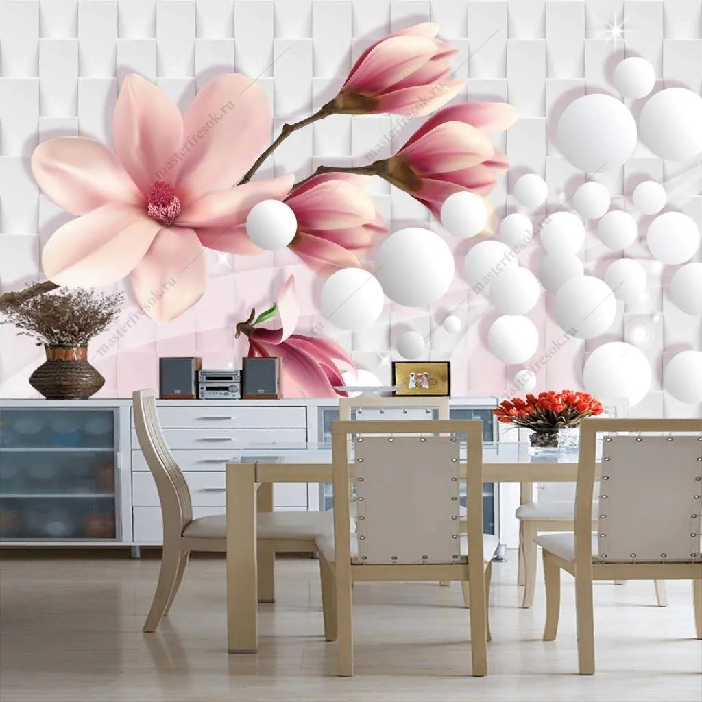 Фотообои в интерьере 3д розовая магнолия  10-831 фото