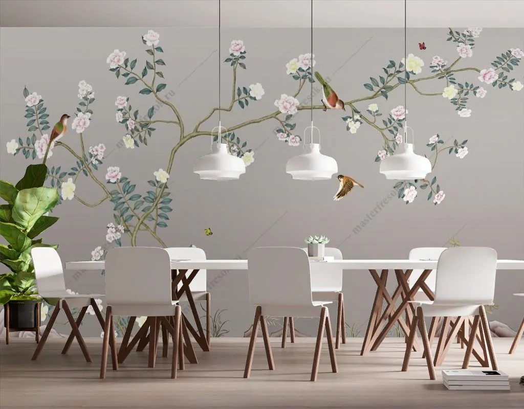 Фотообои в интерьере птицы в японском саду  9-1681 фото