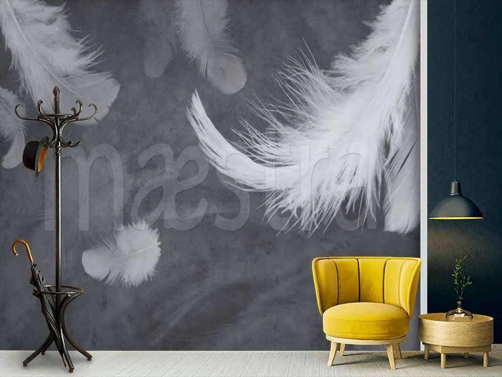 Фотообои в интерьере белые перья на сером  15-509 фото