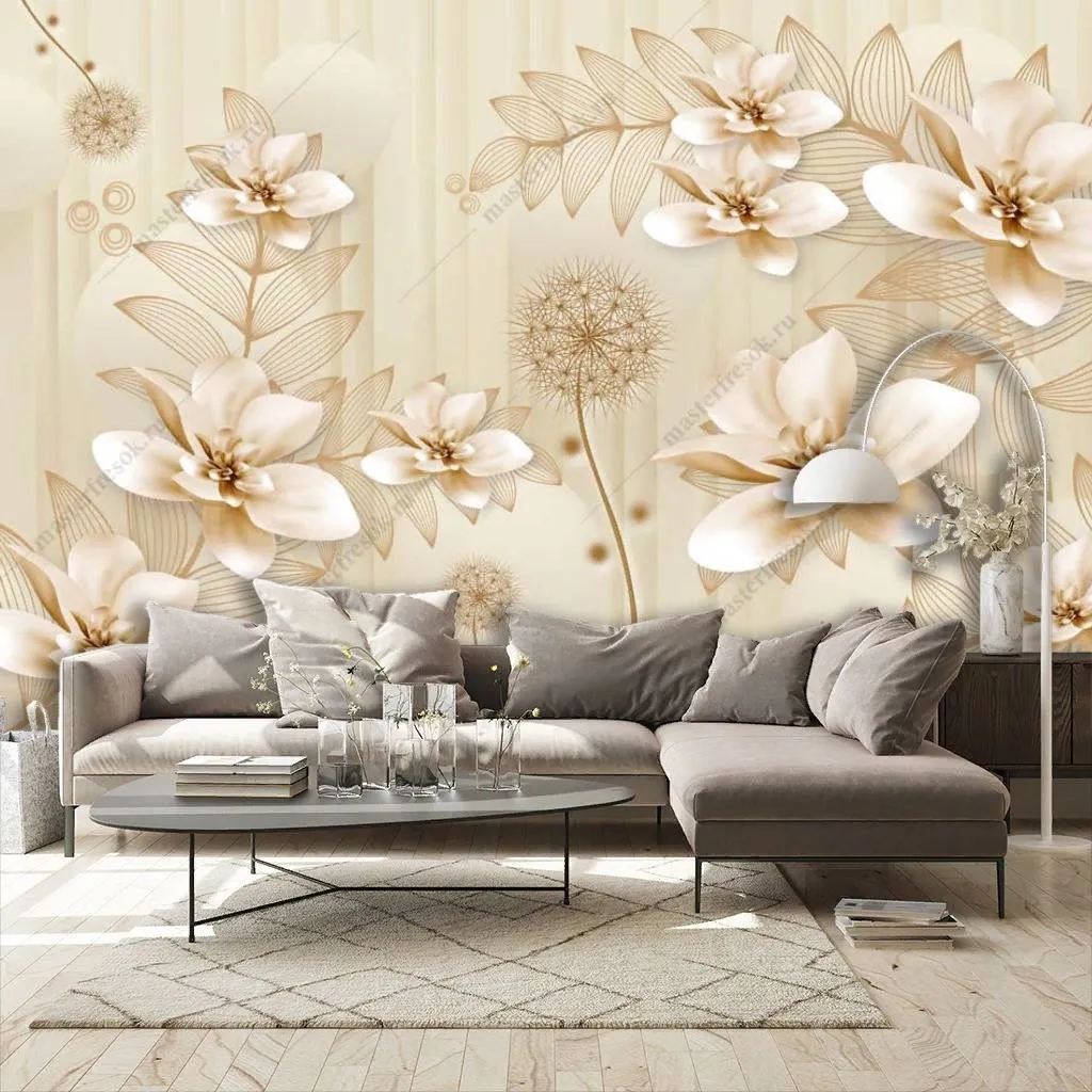 Фотообои в интерьере 3д бежевые цветы  10-863 фото