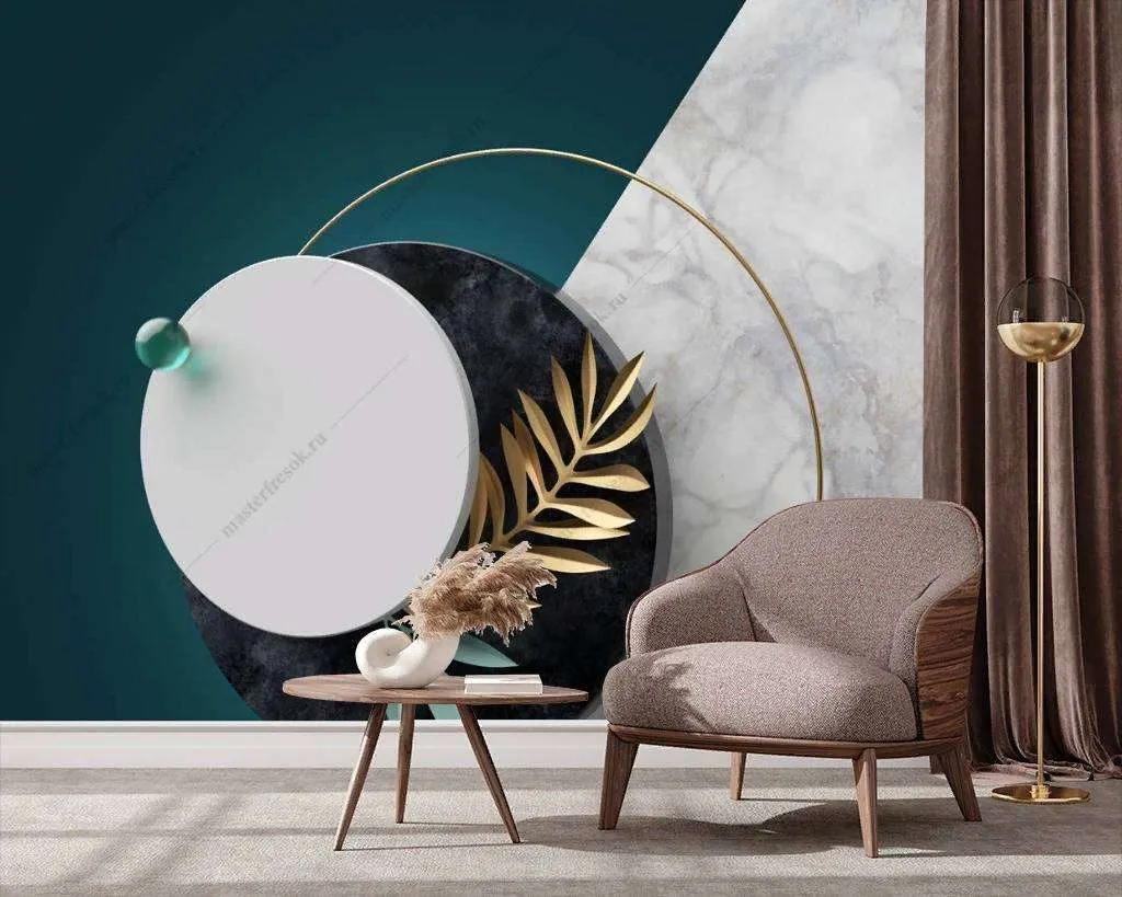 Фотообои в интерьере мрамор с золотой веточкой  9-1098 фото