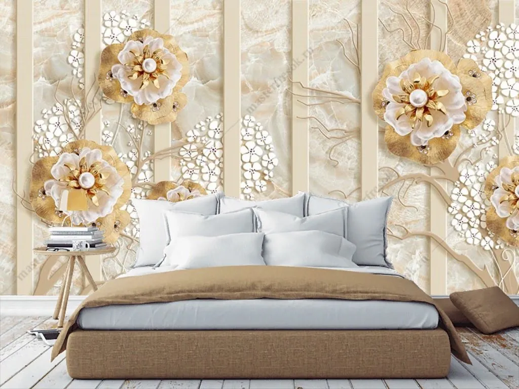 Фотообои в интерьере 3д цветы с драгоценностями  10-929 фото