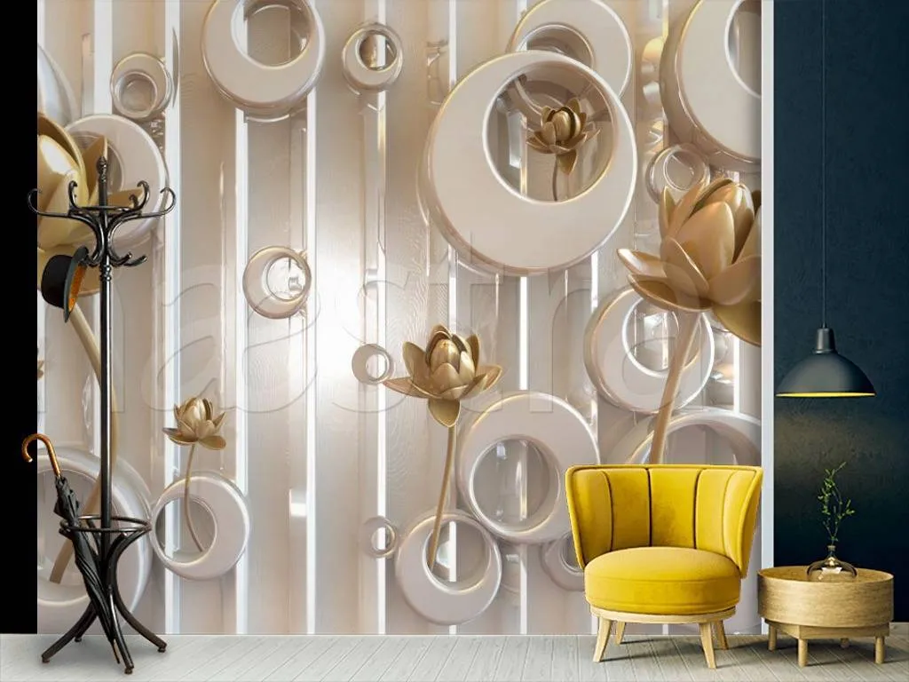 Фотообои 3д цветы с кругами на желтом фоне  10-534