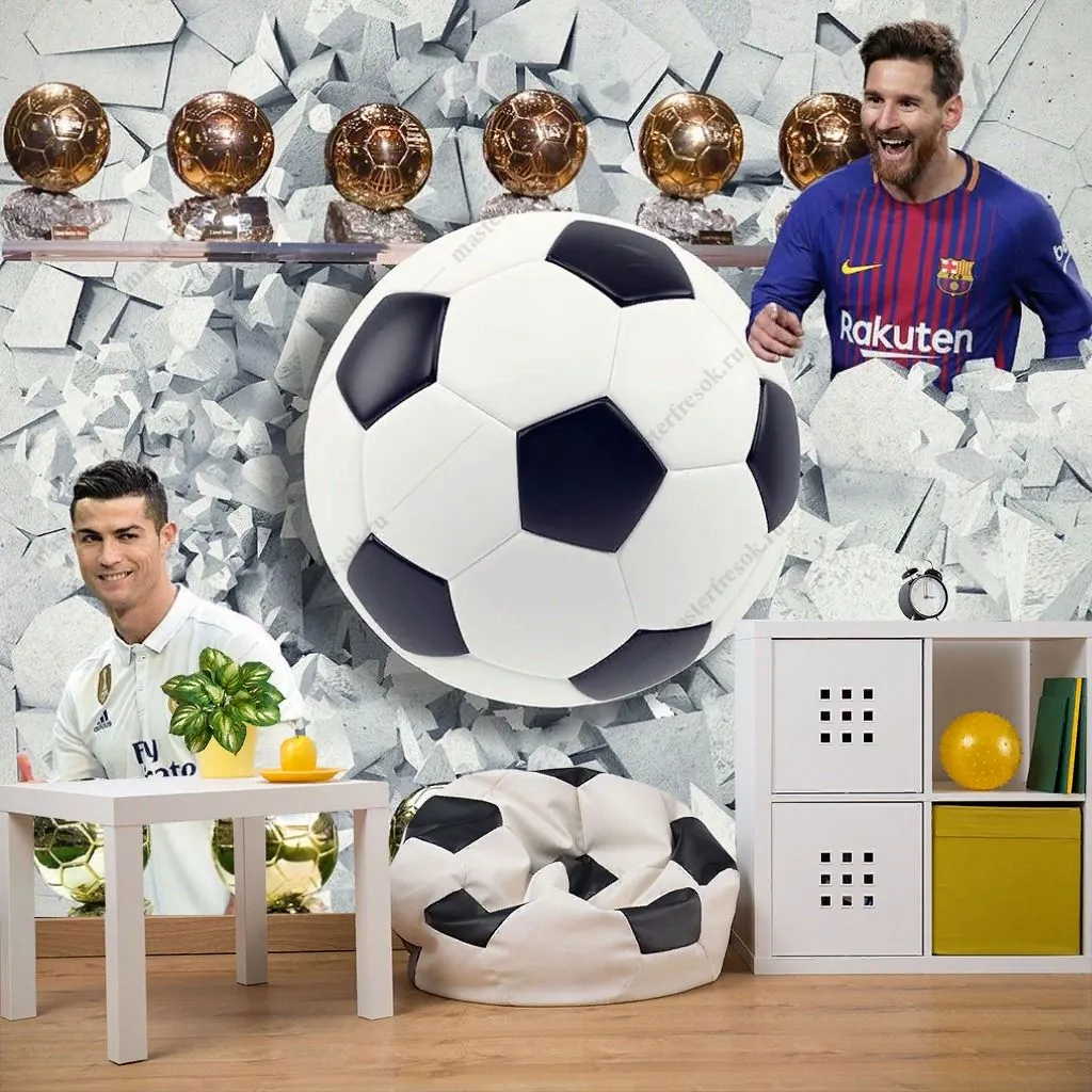 Фотообои в интерьере золотые мячи роналду и месси  12-1567 фото