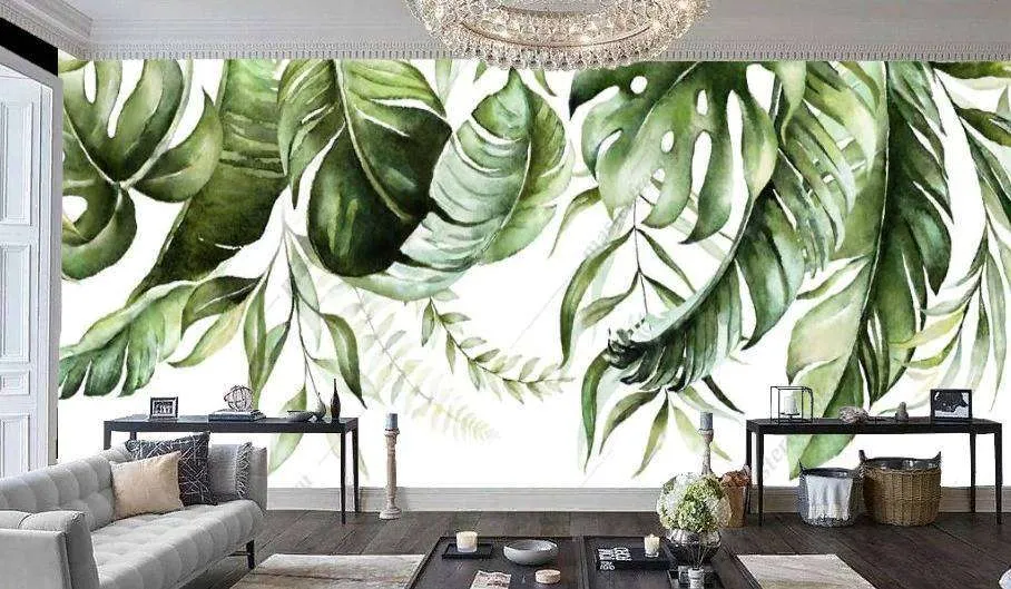Фотообои в интерьере тропические листья на белом фоне  9-1214 фото
