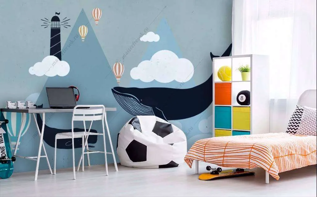 Фотообои в интерьере киты и воздушные шары  16-027 фото