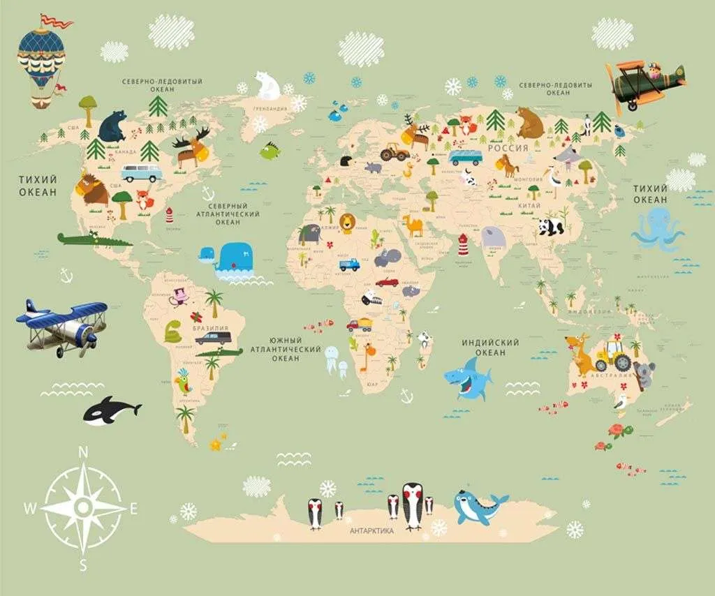 Фотообои в интерьере карта мира на русском зеленая  12-995 фото