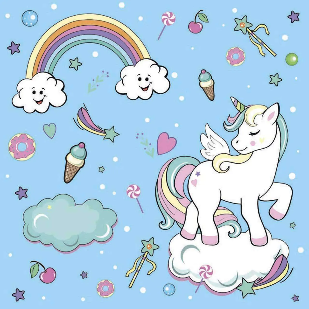 Фотообои в интерьере единорог на облаках на голубом фоне  12-417 фото