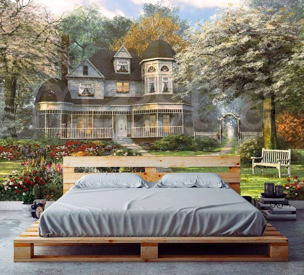 Фотообои Красочные цветы у большого дома в лесу  8-144