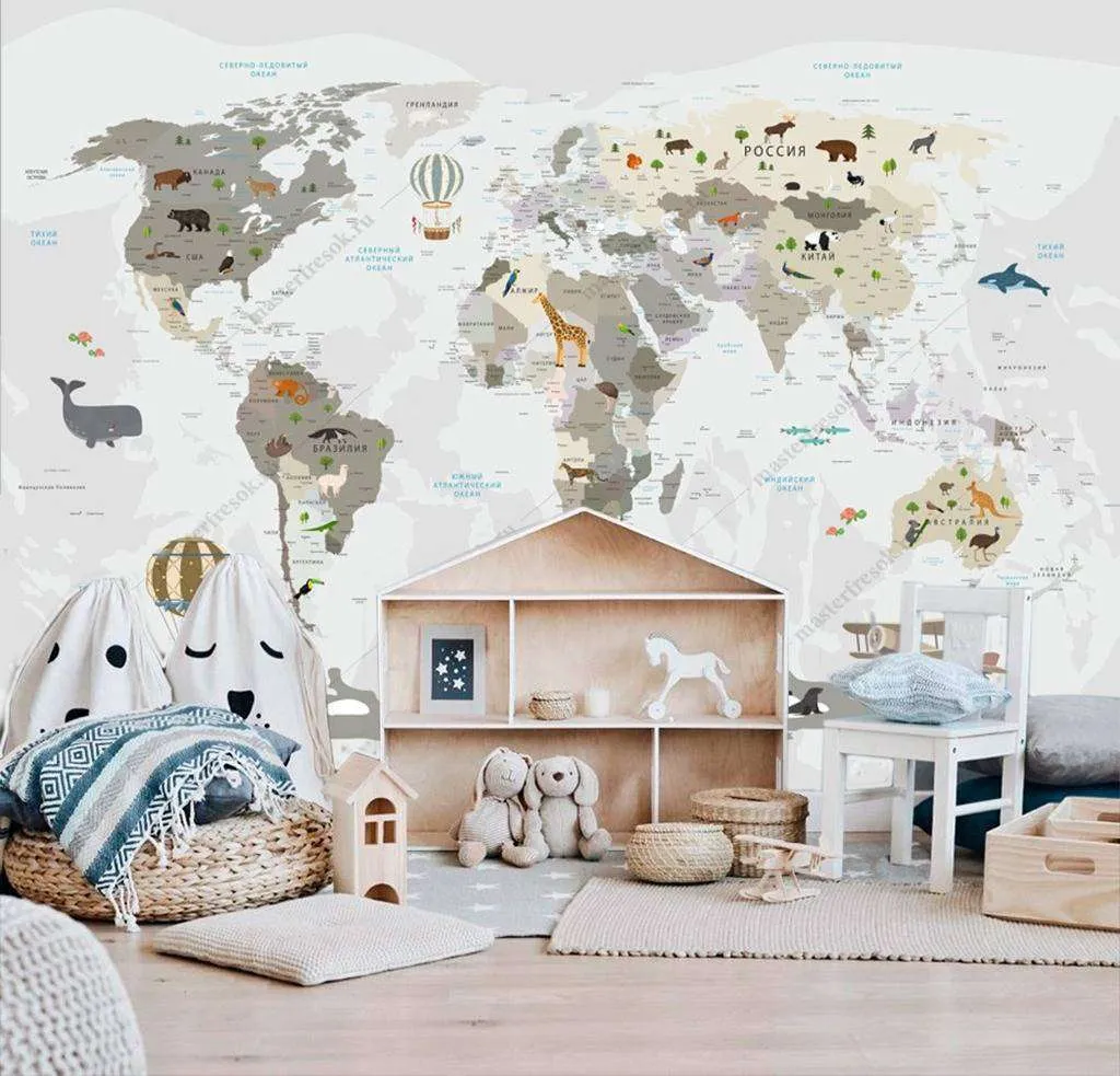 Фотообои в интерьере карта мира в детскую мальчика  12-997 фото