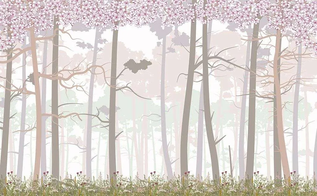 Фотообои в интерьере цветение сакуры в сказочном лесу  14-458 фото