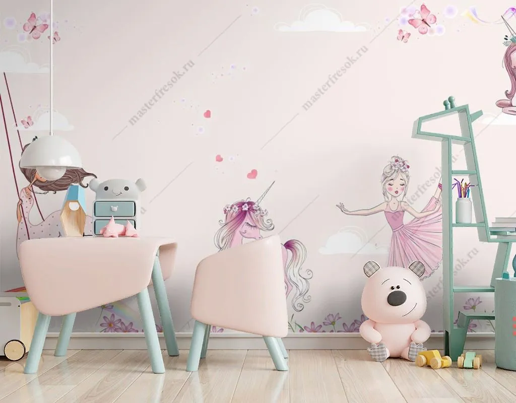 Фотообои в интерьере принцессы с единорогами  14-625 фото
