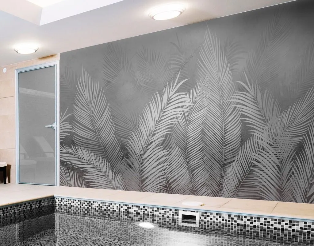 Фотообои в интерьере пальмовые листья светло-серые  14-471 фото
