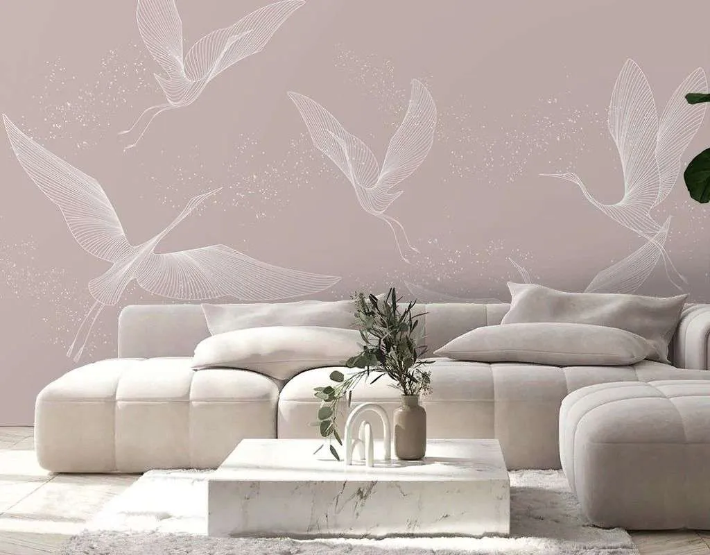 Фотообои в интерьере журавли на розовом фоне  9-2108 фото