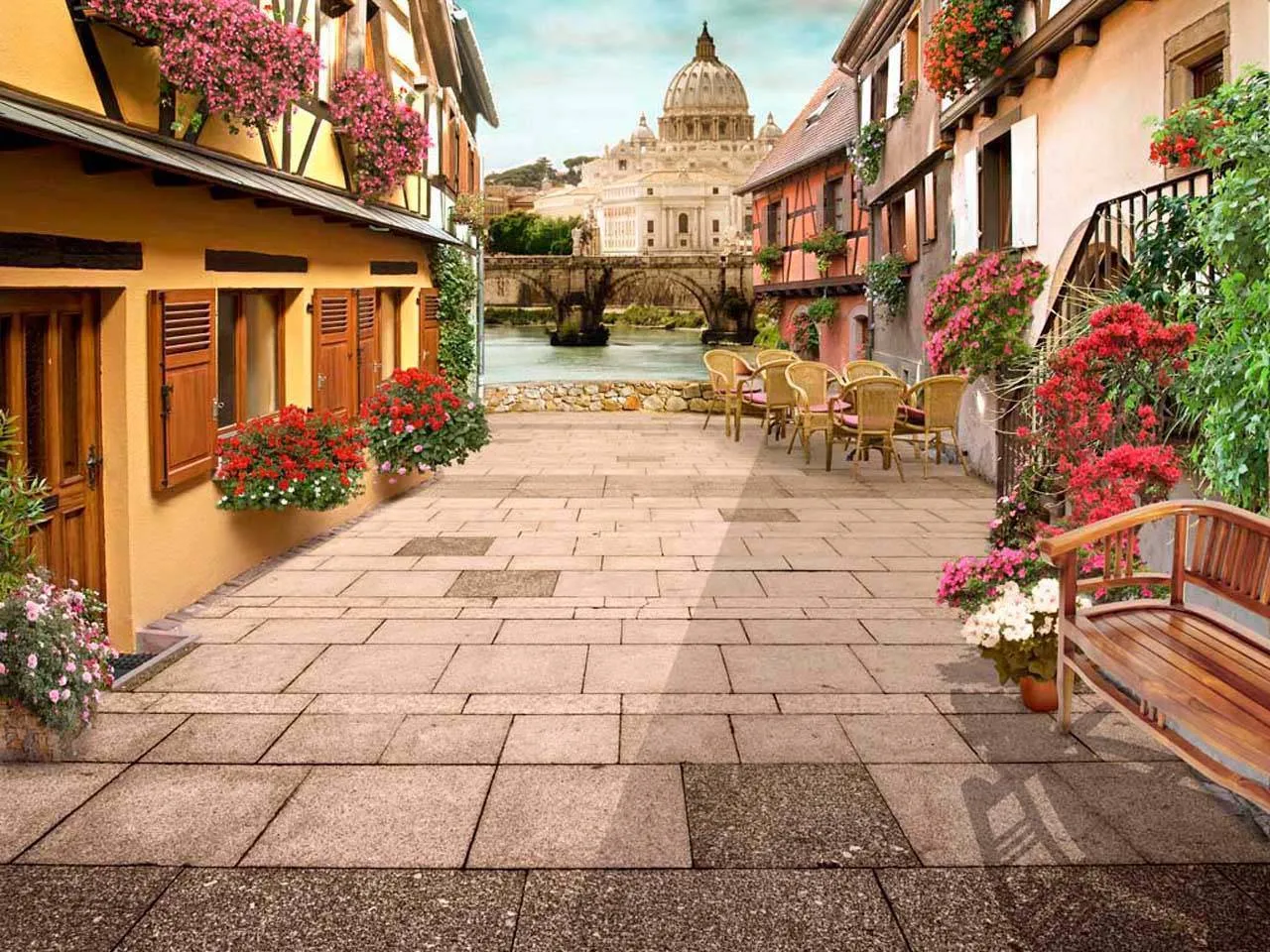 Фотообои в интерьере улочка с видом на мост  7-033 фото