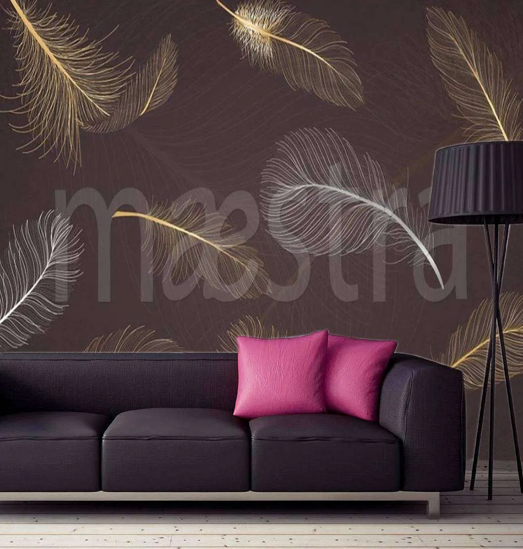 Фотообои в интерьере золотые перья на темном  15-494 фото