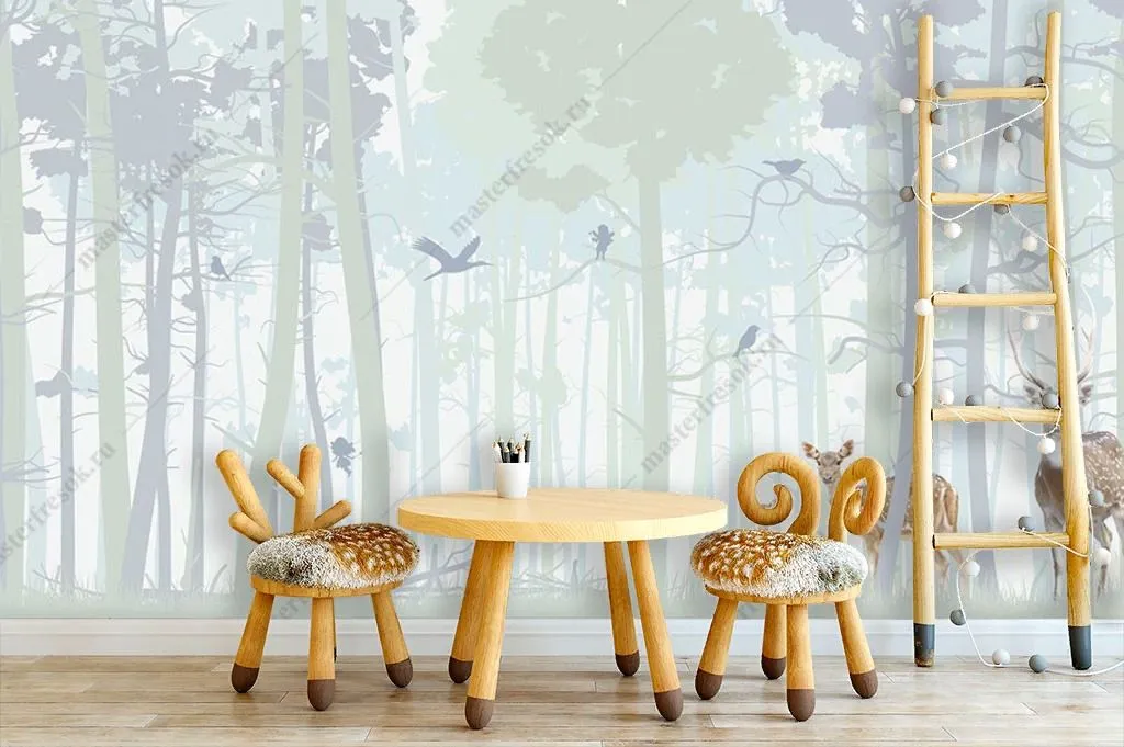 Фотообои в интерьере лес волшебный с оленями  12-1466 фото