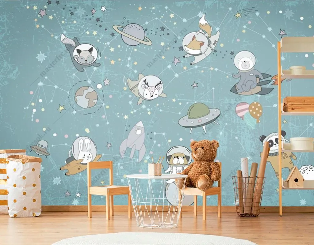 Фотообои в интерьере космос детский с животными  14-669 фото