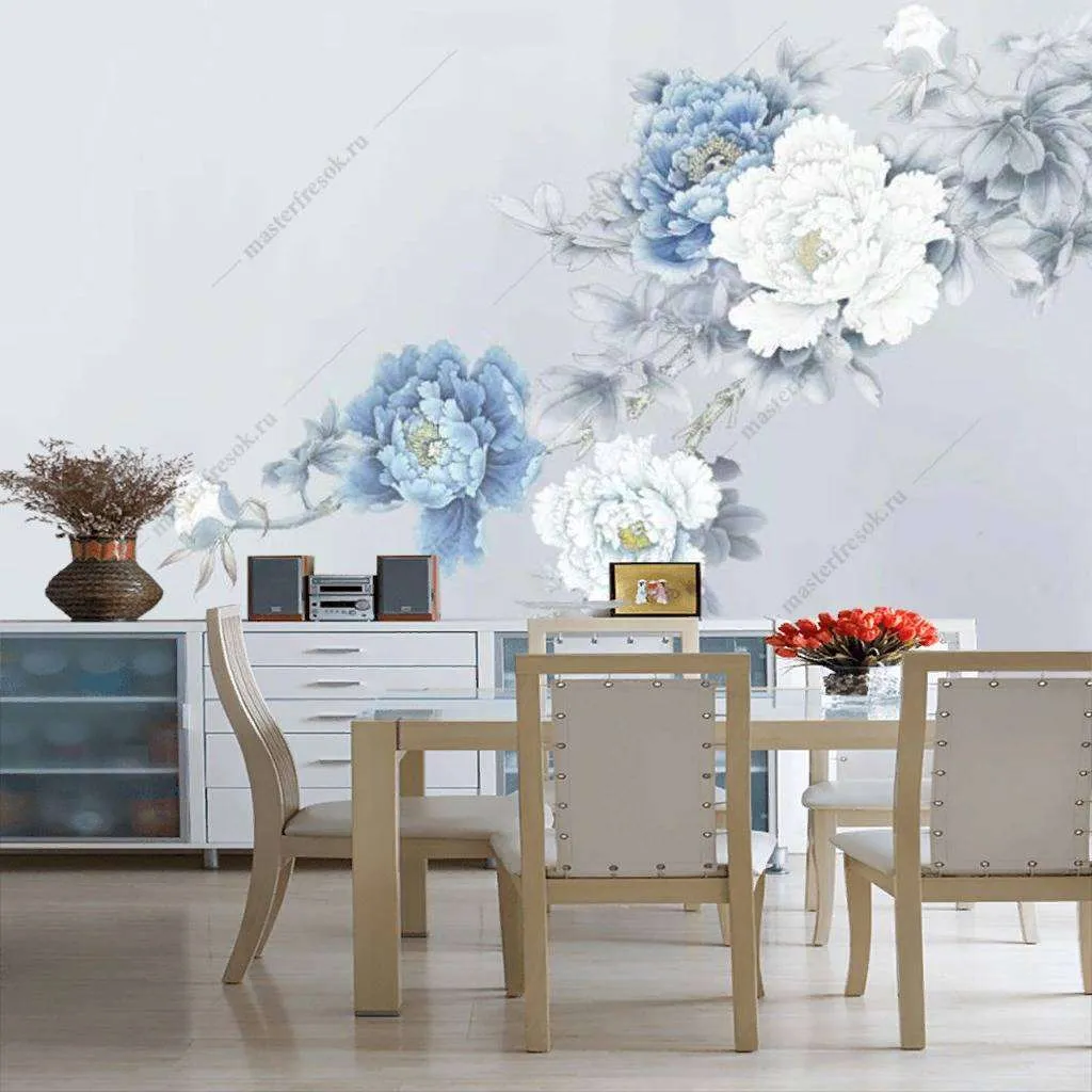 Фотообои в интерьере голубые пионы  15-907 фото