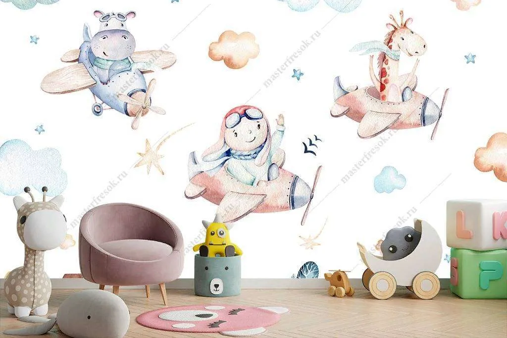 Фотообои в интерьере зверята на самолете  14-092 фото