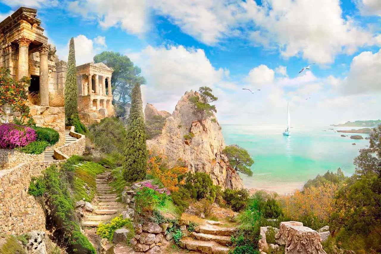 Фотообои в интерьере старинный античный парк в скалах  7-048 фото