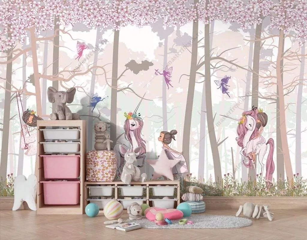 Фотообои в интерьере принцесса и единорог в лесу  14-313 фото