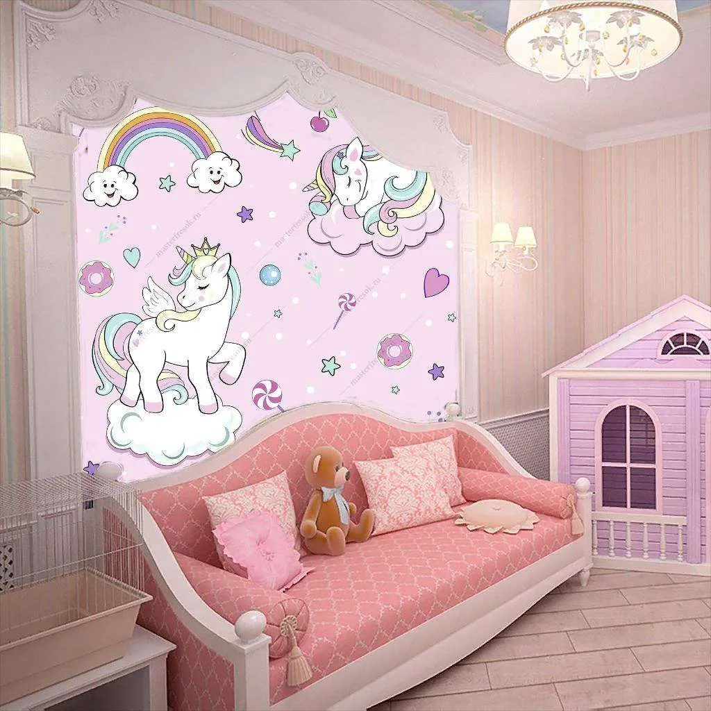Фотообои в интерьере единорог на облаках на розовом фоне  12-416 фото