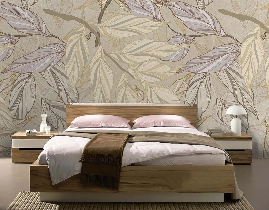 Фотообои в интерьере в спальню веточки с листьями  9-1975 фото