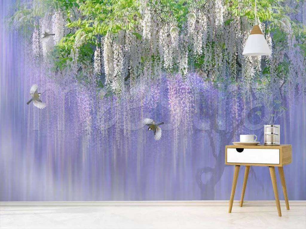 Фотообои в интерьере сиреневое цветущее дерево  7-910 фото