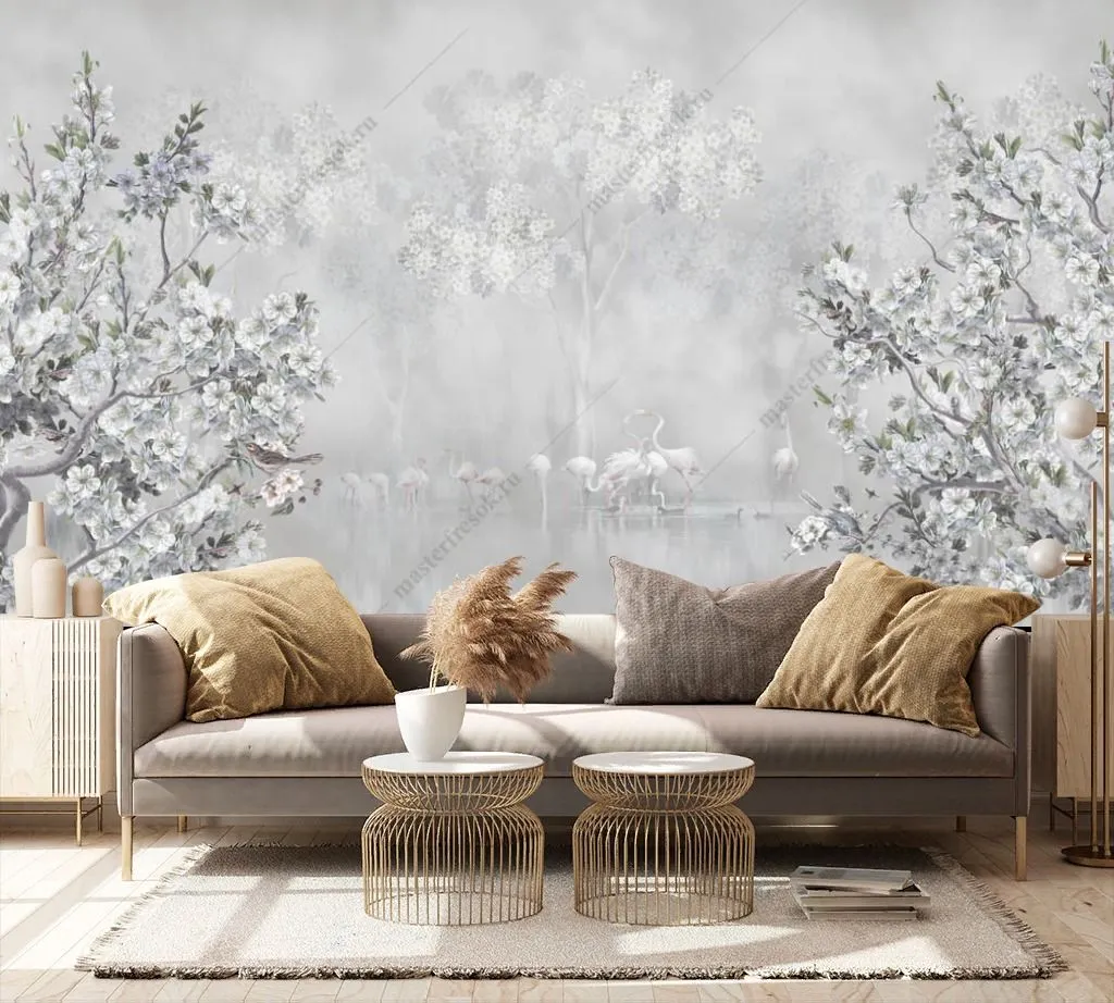 Фотообои в интерьере цветущее дерево у озера  13-356 фото