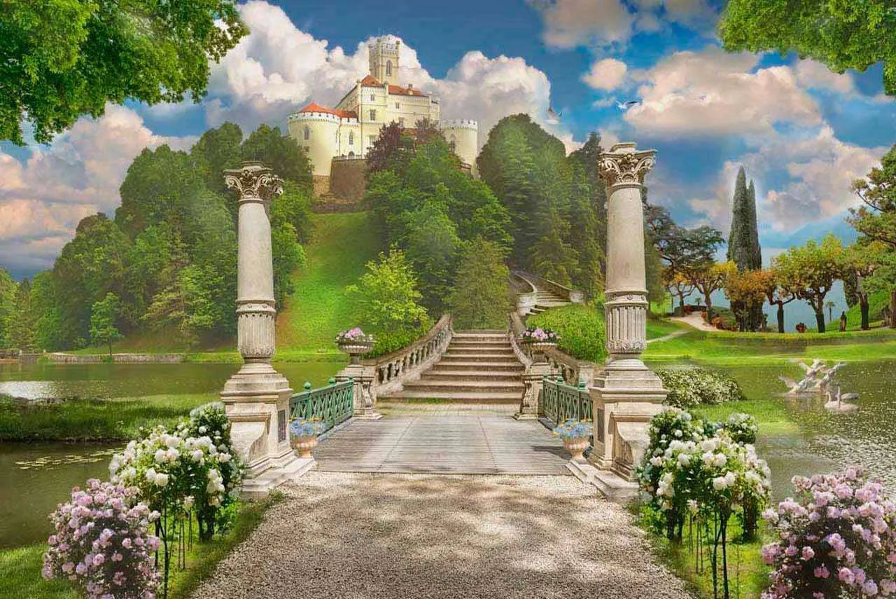 Фотообои в интерьере зеленая аллея с замком  6-005 фото