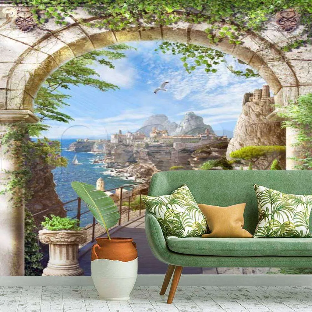 Фотообои в интерьере античная арка с выходом на море  11-049 фото