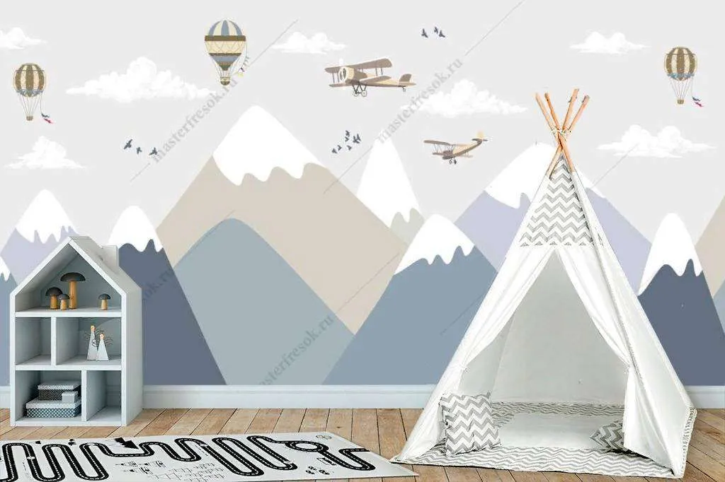 Фотообои в интерьере голубые пики и самолеты  12-1198 фото
