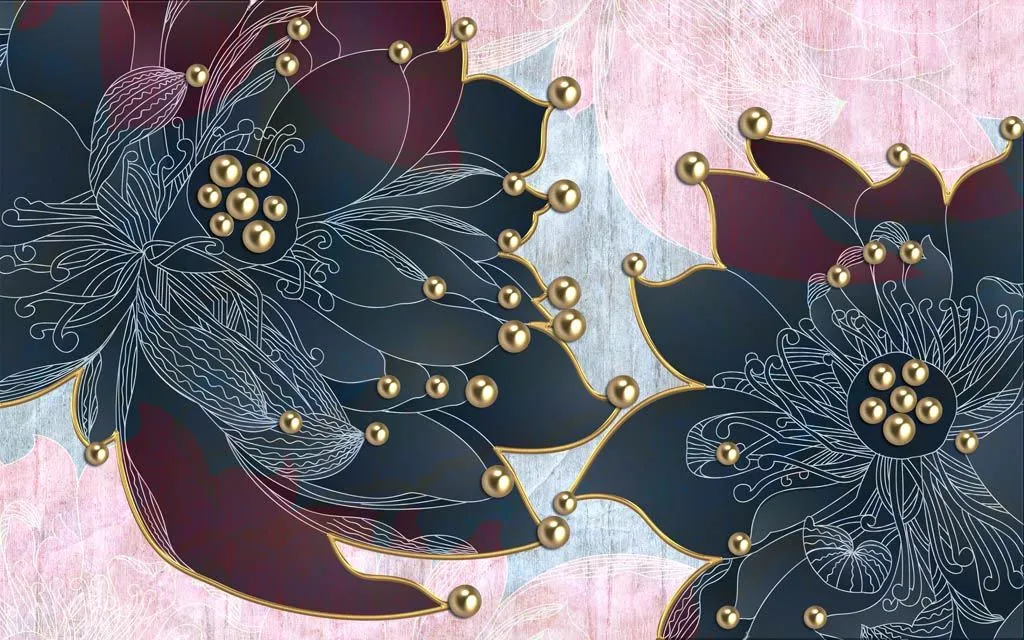 Фотообои в интерьере 3д синие яркие цветы  10-840 фото