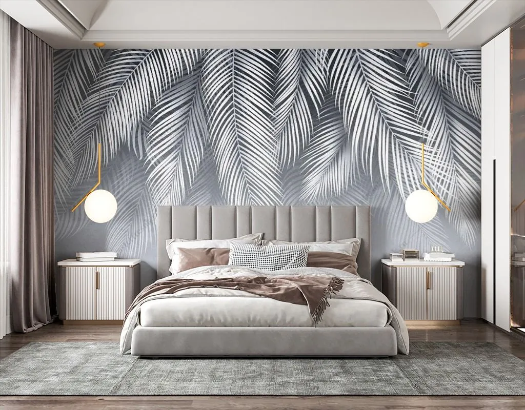 Фотообои в интерьере листья на сером фоне  9-1871 фото