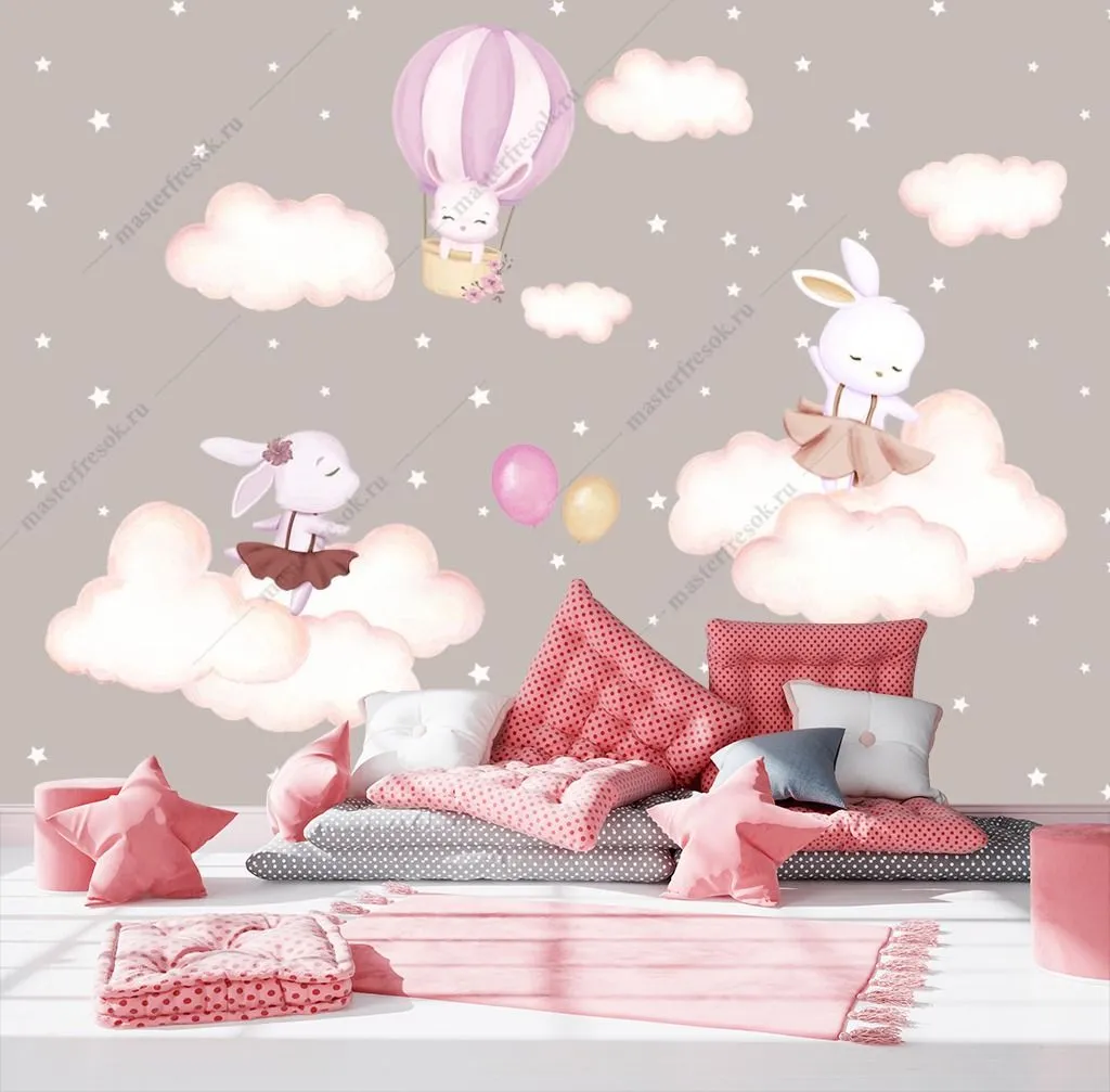 Фотообои в интерьере зайки на облачках  14-310 фото