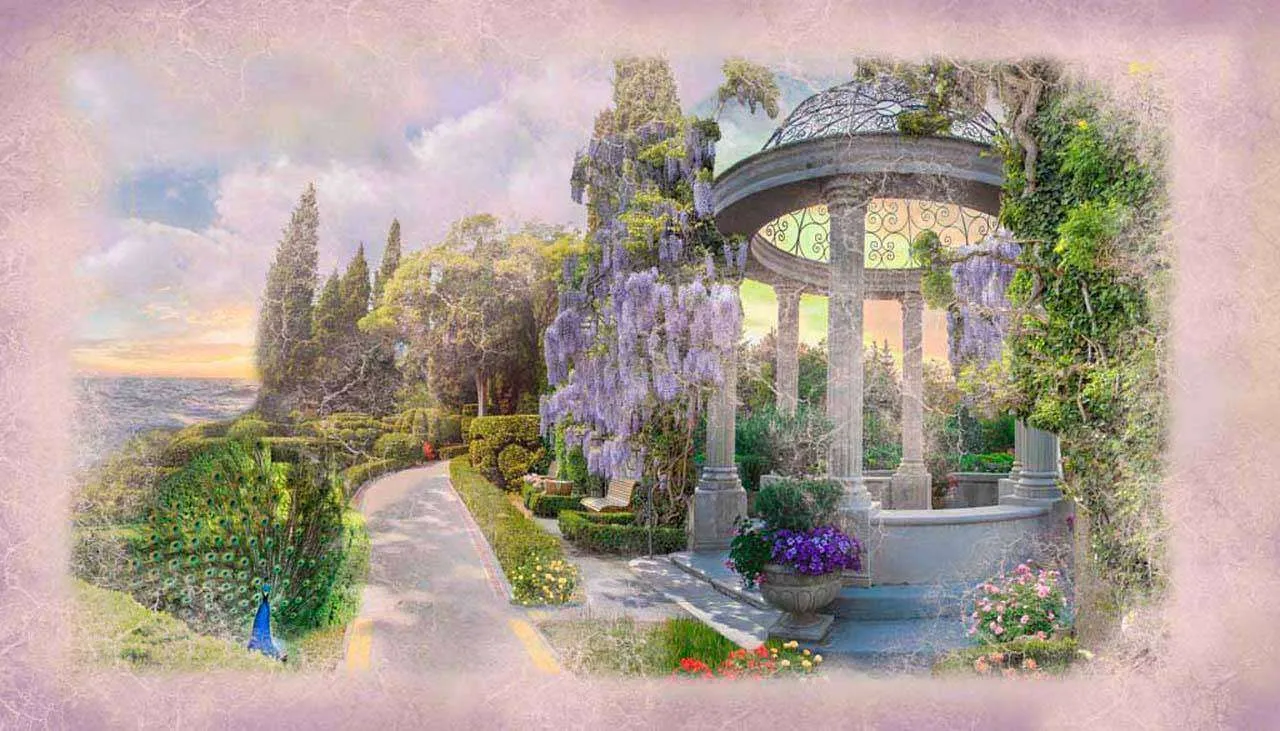 Фотообои в интерьере беседка в саду у моря  6-015 фото