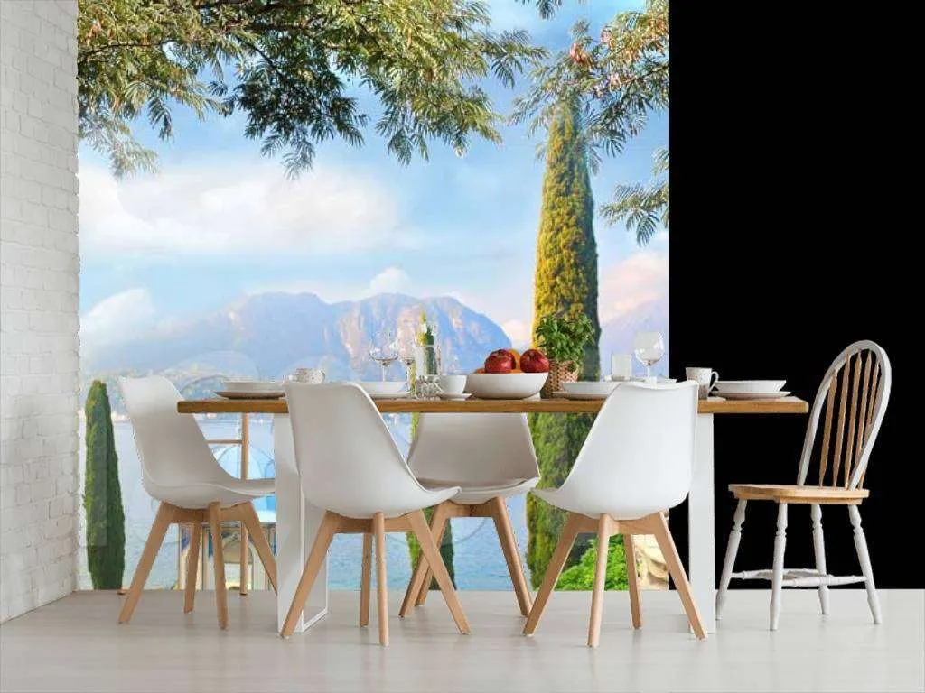 Фотообои в интерьере цветущий сад с видом на море  5-016 фото