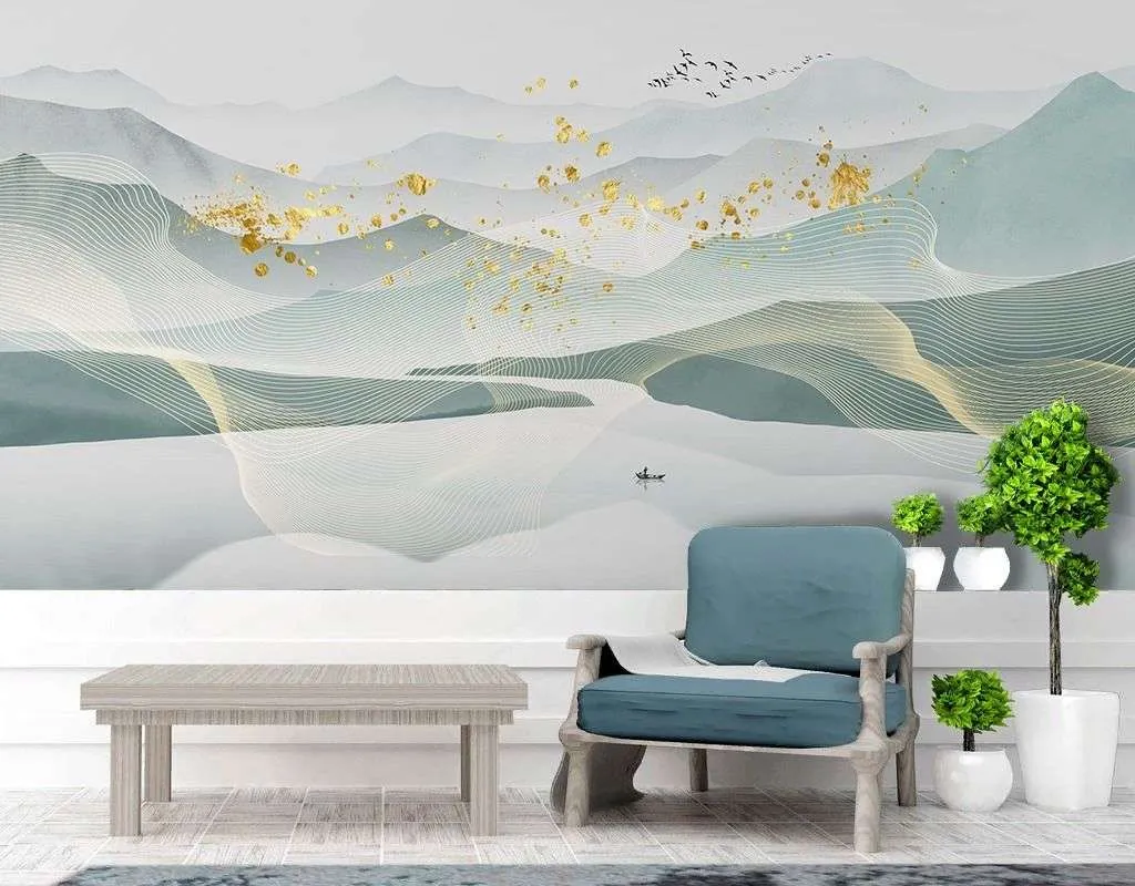 Фотообои в интерьере горы зеленые в золотистой дымке  9-1998 фото