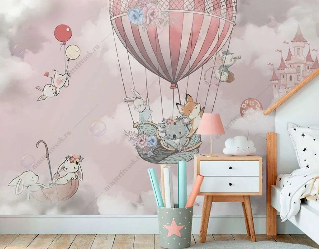 Фотообои в интерьере в детскую животные на воздушных шариках   12-1587 фото