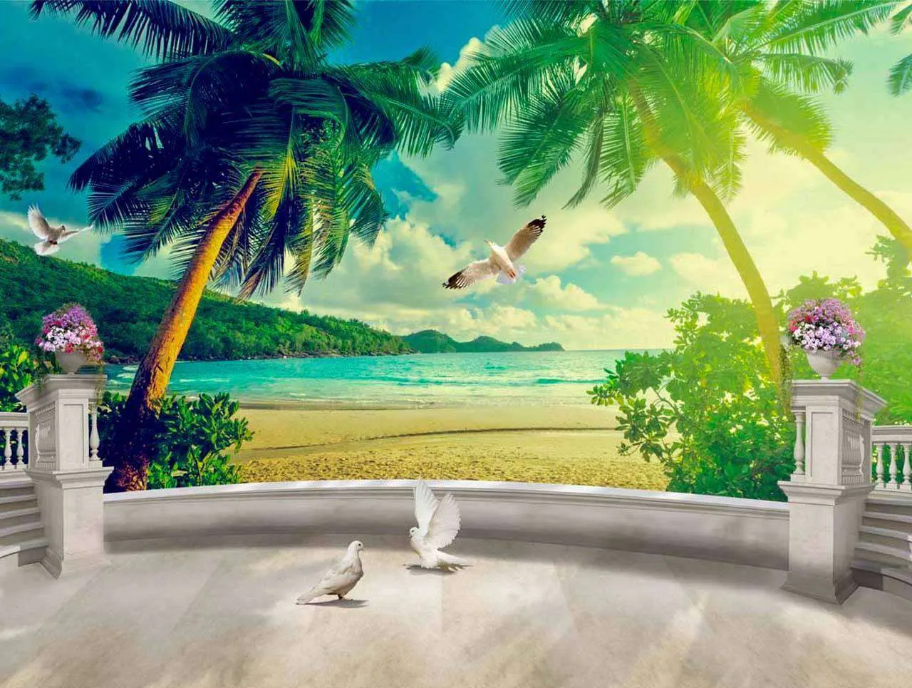 Фотообои в интерьере терраса у моря с пальмами  7-772 фото