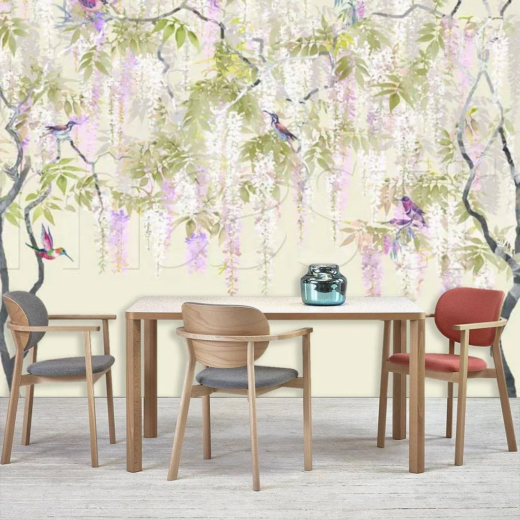 Фотообои в интерьере птицы в розовом лесу  7-372 фото