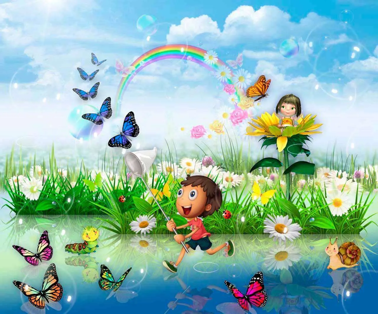 Фотообои в интерьере 3д поляна с бабочками  7-515 фото