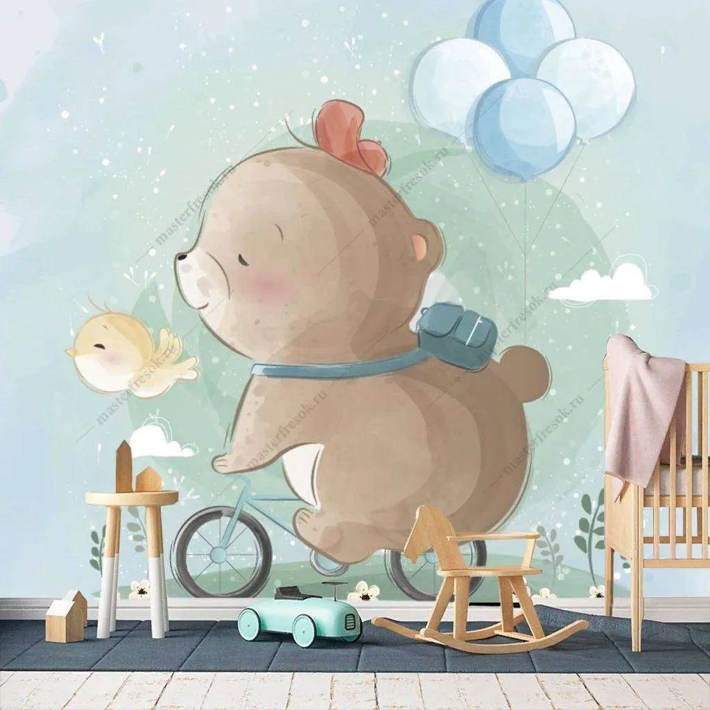 Фотообои в интерьере котенок на велосипеде  12-463 фото